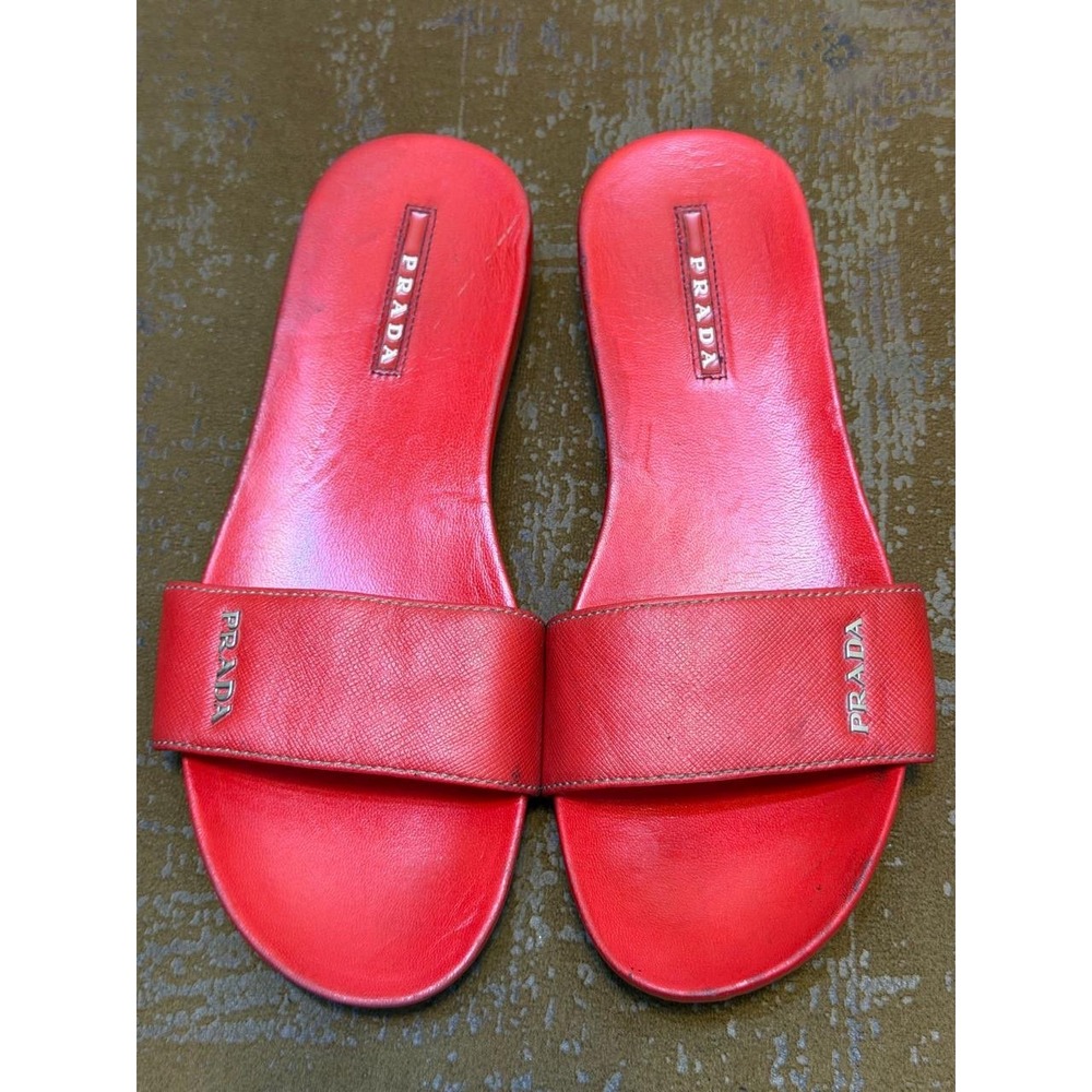 Prada Red Saffiano Leather Logo Slide Sandals Platform Rubber Sole Size 39.5